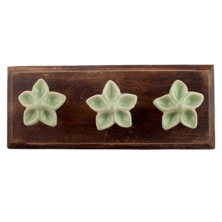 Pea Green Ceramic Flower Wooden Hooks